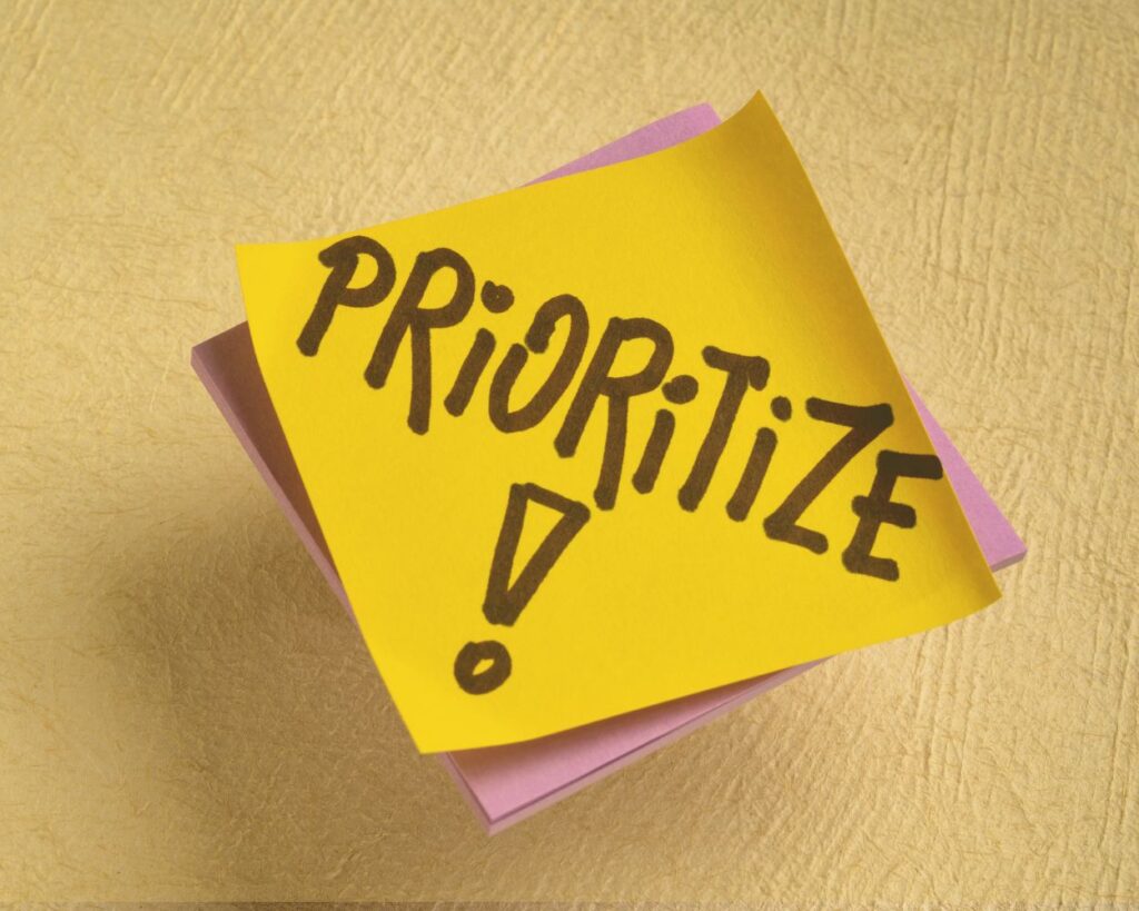 The word prioritize on a yellow sticky note with an exclamation point